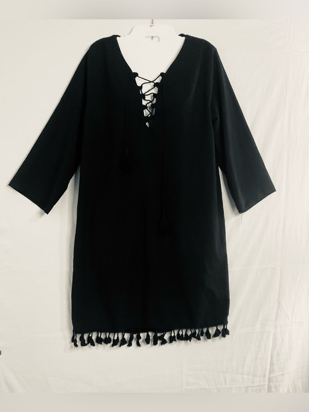 Fifth Avenue Boho Lace-Up Tassel Mini Dress Medium Black Long Sleeve Tunic